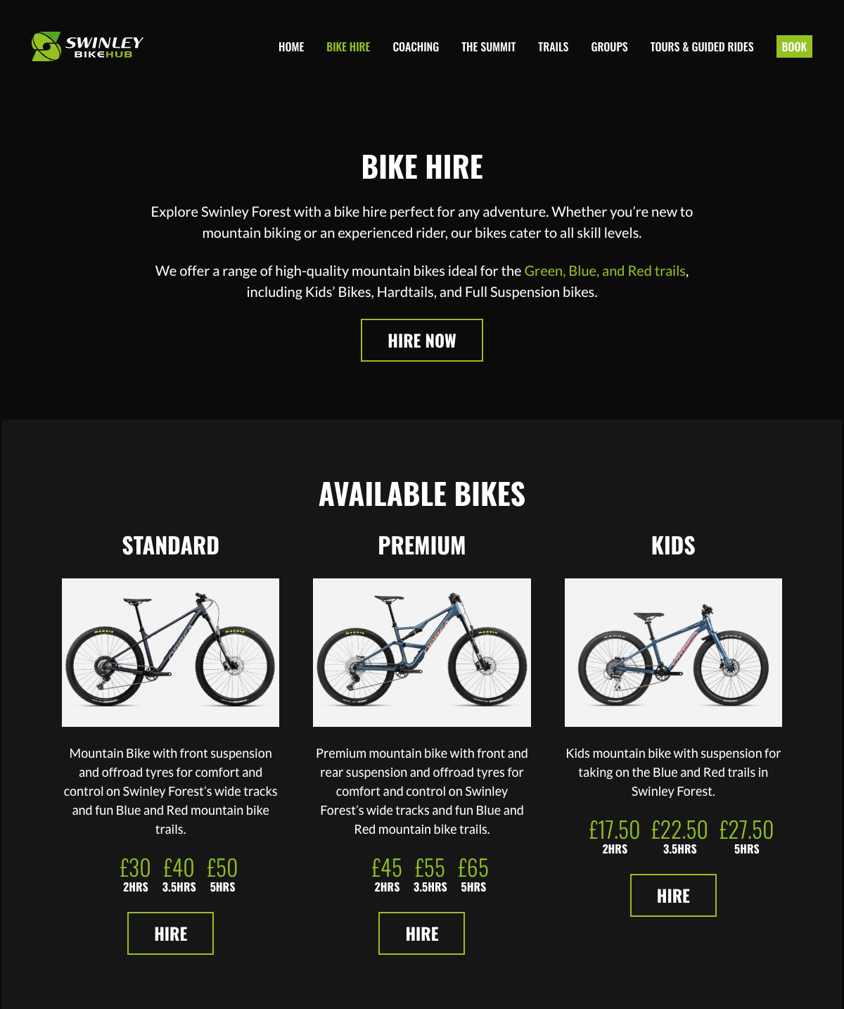 Example 1 of Swinley Bike Hub website