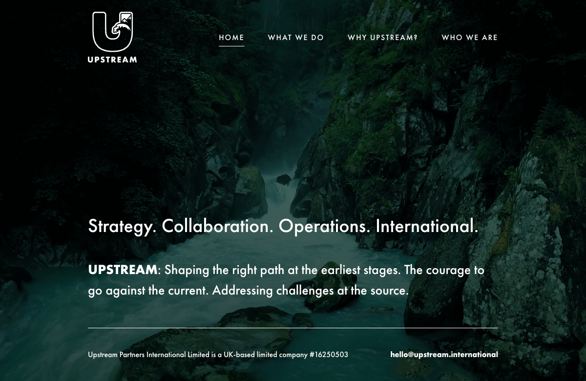 Upstream consultancy website homepage design showing brand typography and layout